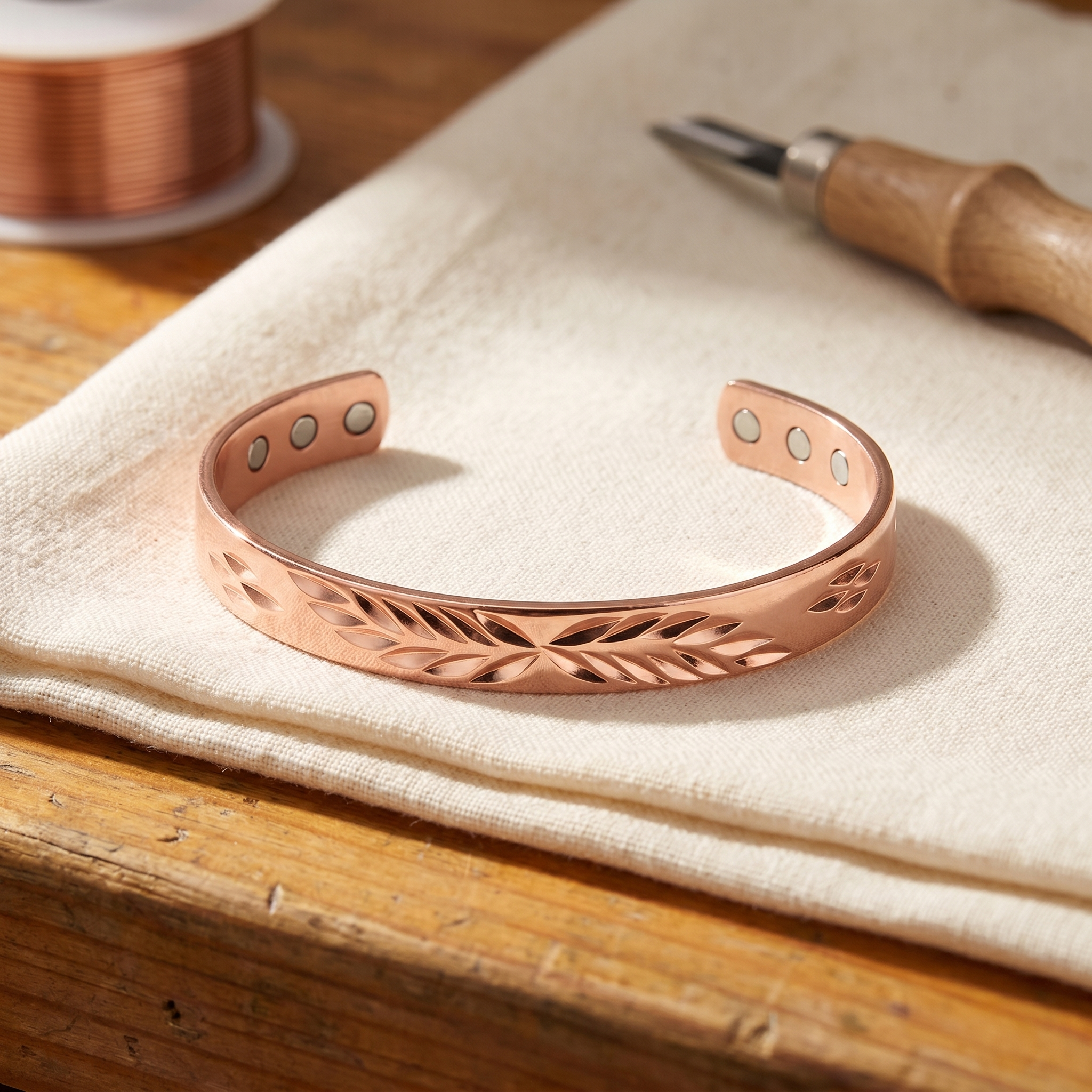Copper cuff bracelet with engraved leaf pattern and small oval cutouts