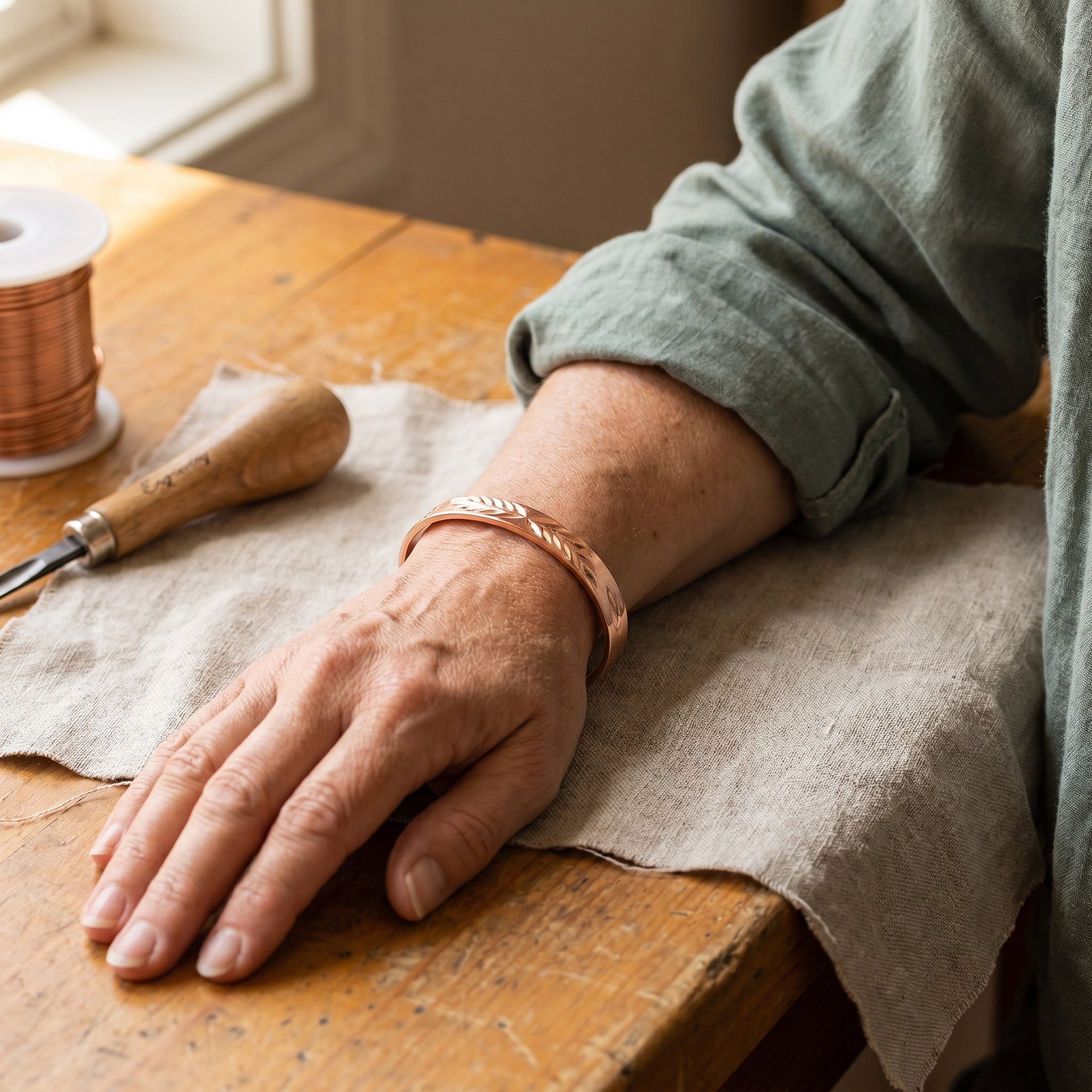 Adjustable copper cuff bracelet on a wrist with engraved leaf design