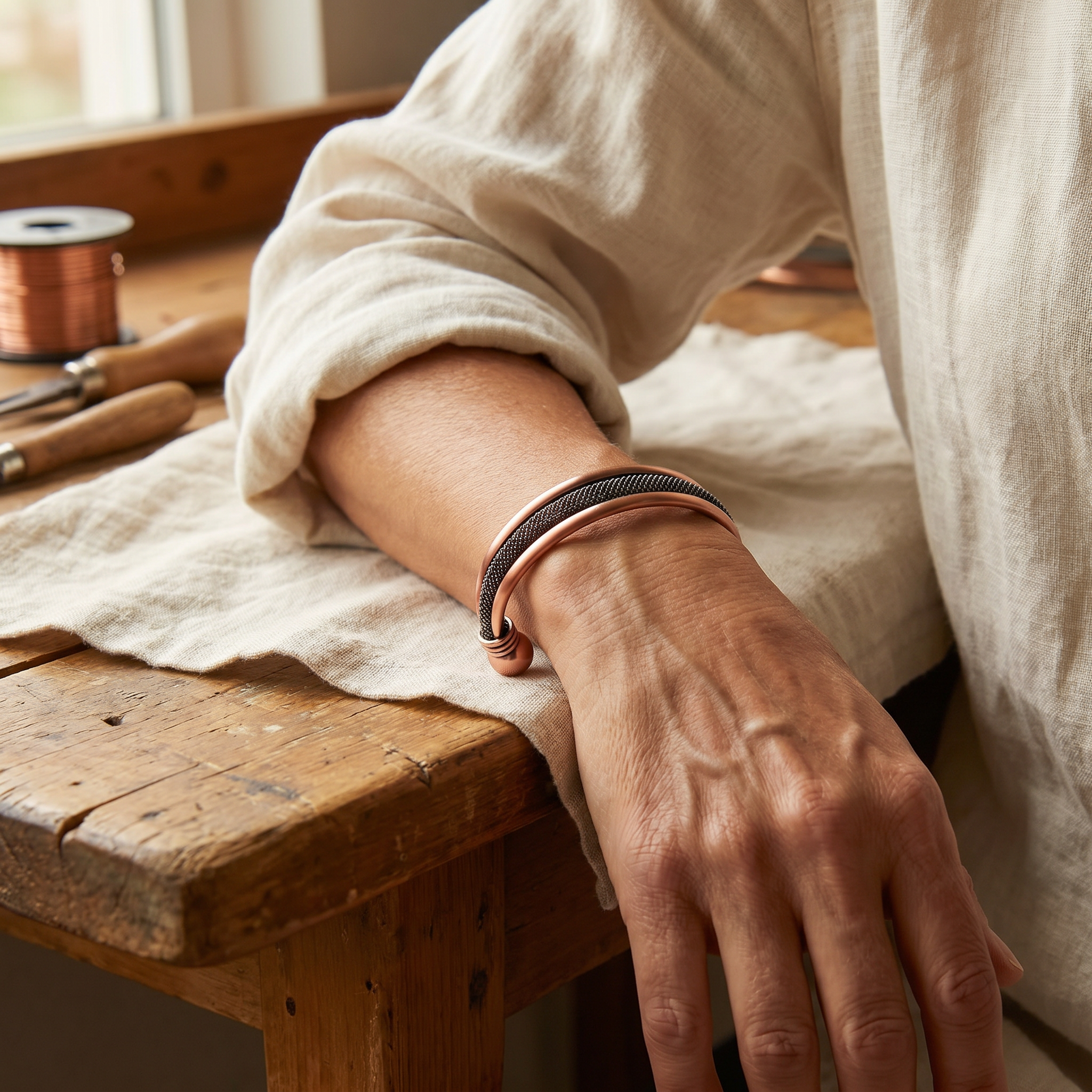 Adjustable copper bracelet with dark mesh band, worn on wrist