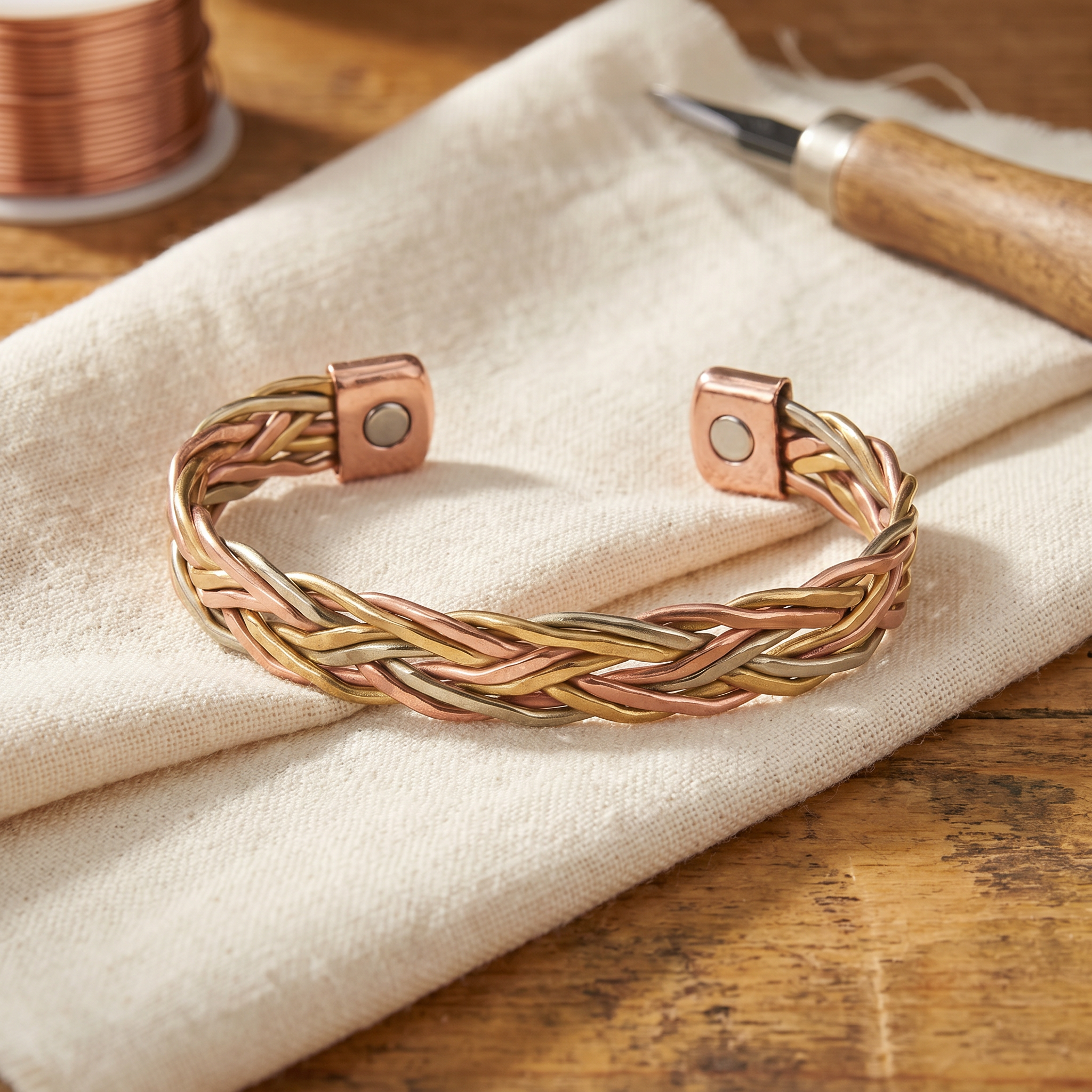 Copper braided bracelet with adjustable clasp and round rivet accents