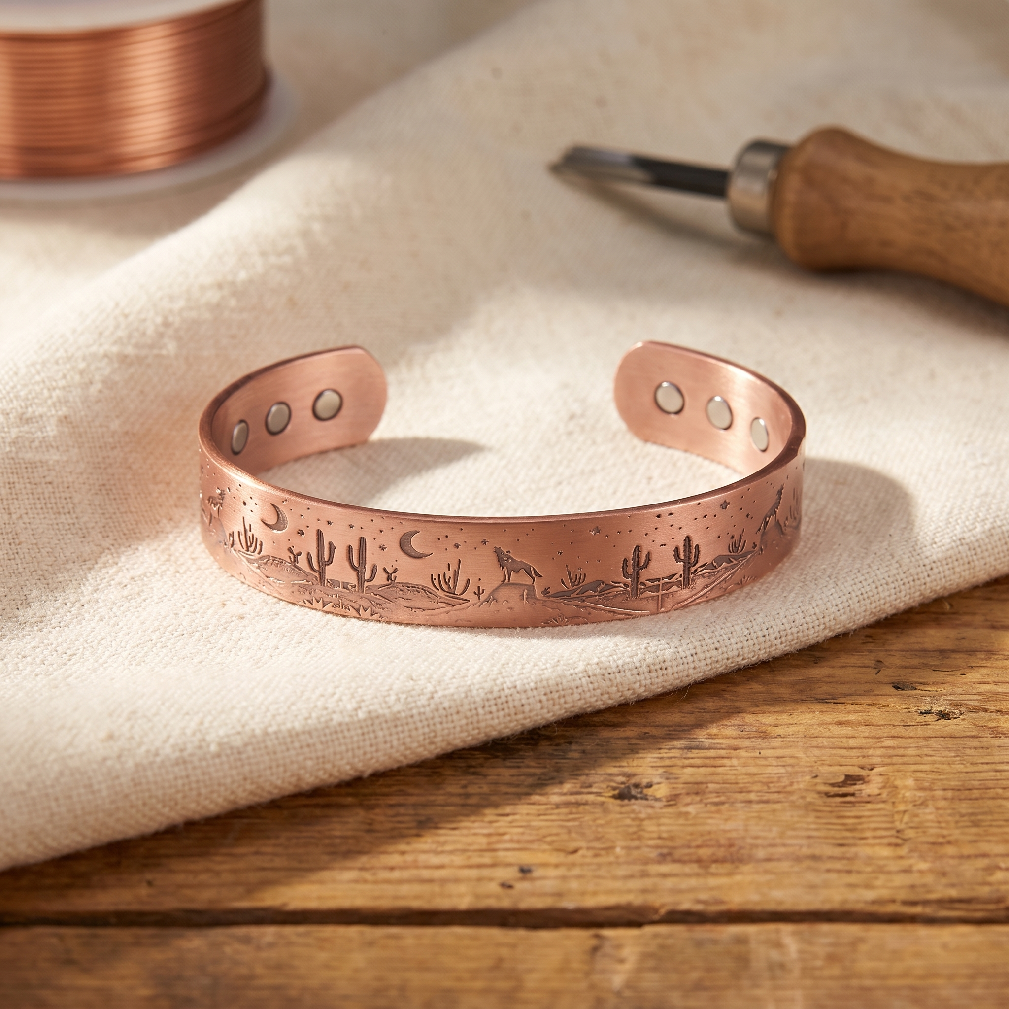 Copper cuff bracelet with engraved pattern and two rivet holes, adjustable fit