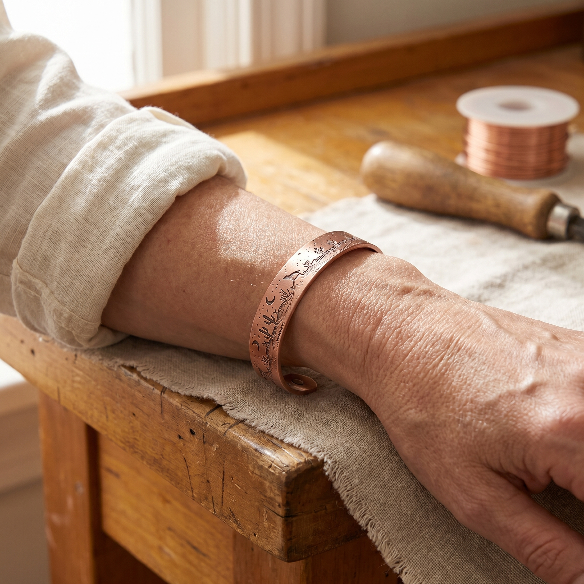 Copper engraved cuff bracelet on wrist, open adjustable band with small rivets