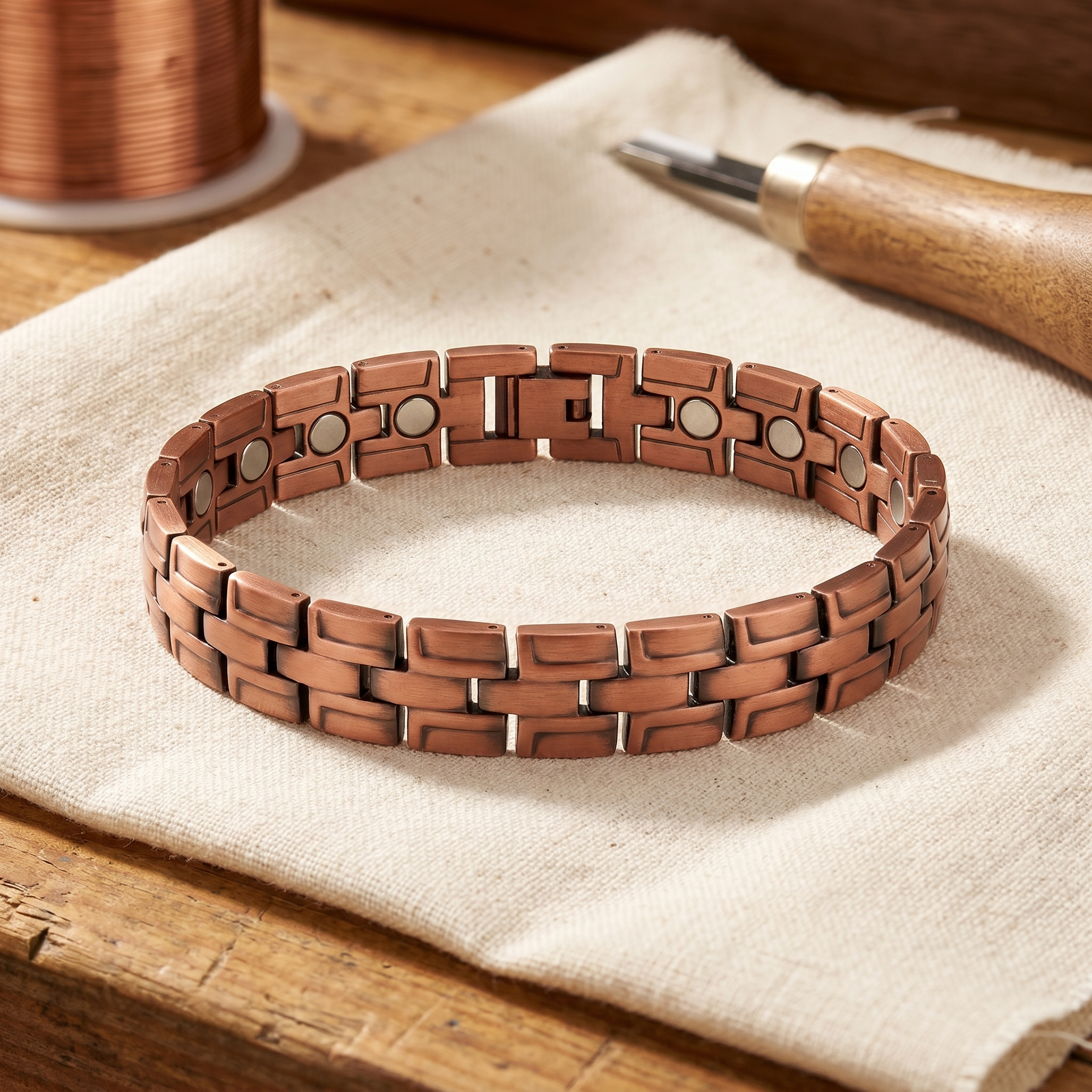 Men's copper link bracelet with geometric insets, closed cuff style