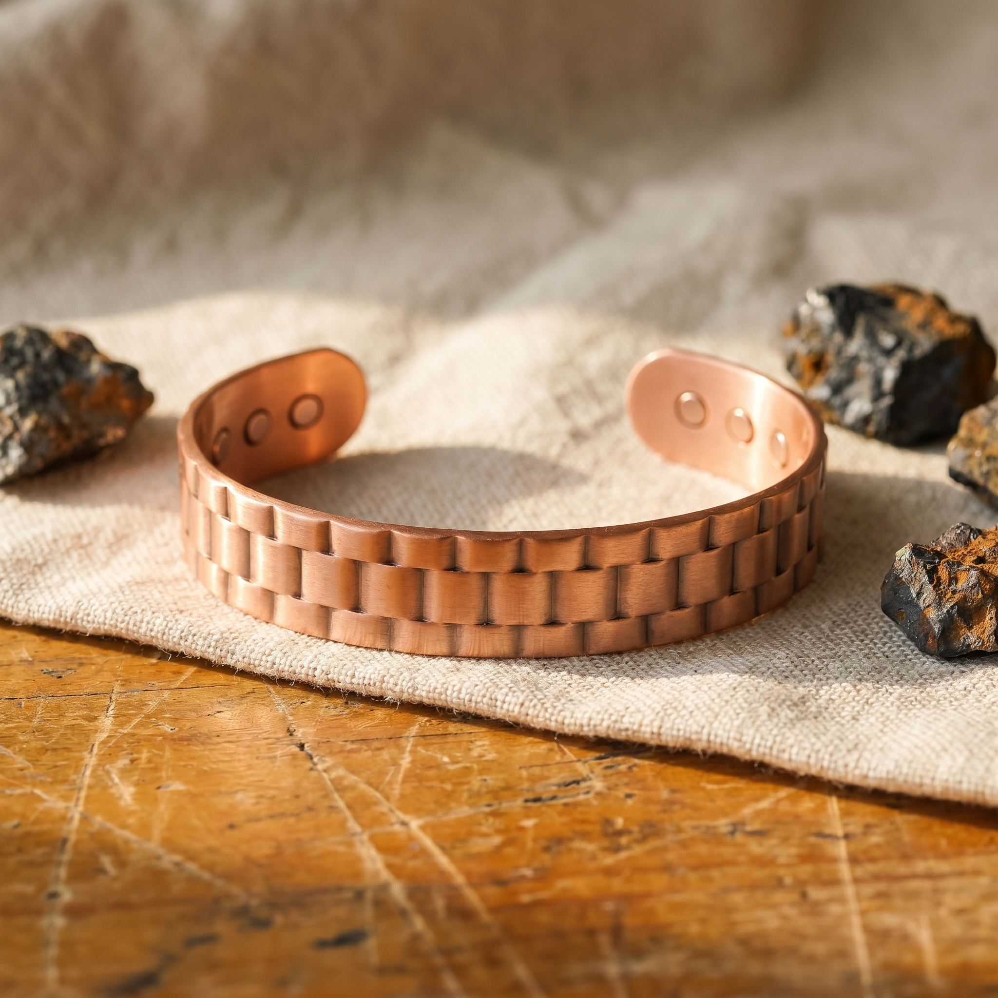 Doina Bucaresti men's copper cuff bracelet with square link band and oval rivet holes