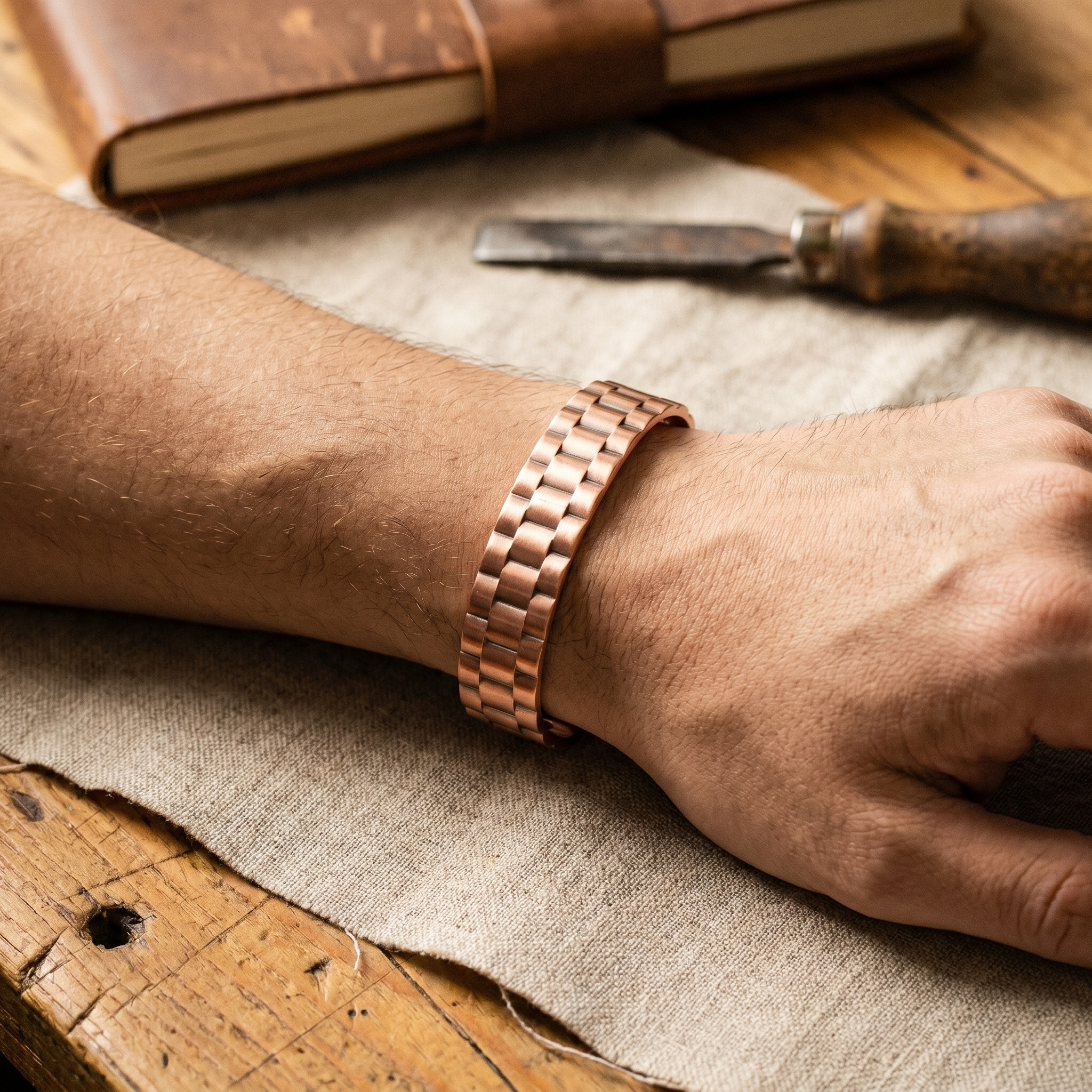 Men's copper cuff bracelet with square links on wrist, adjustable band