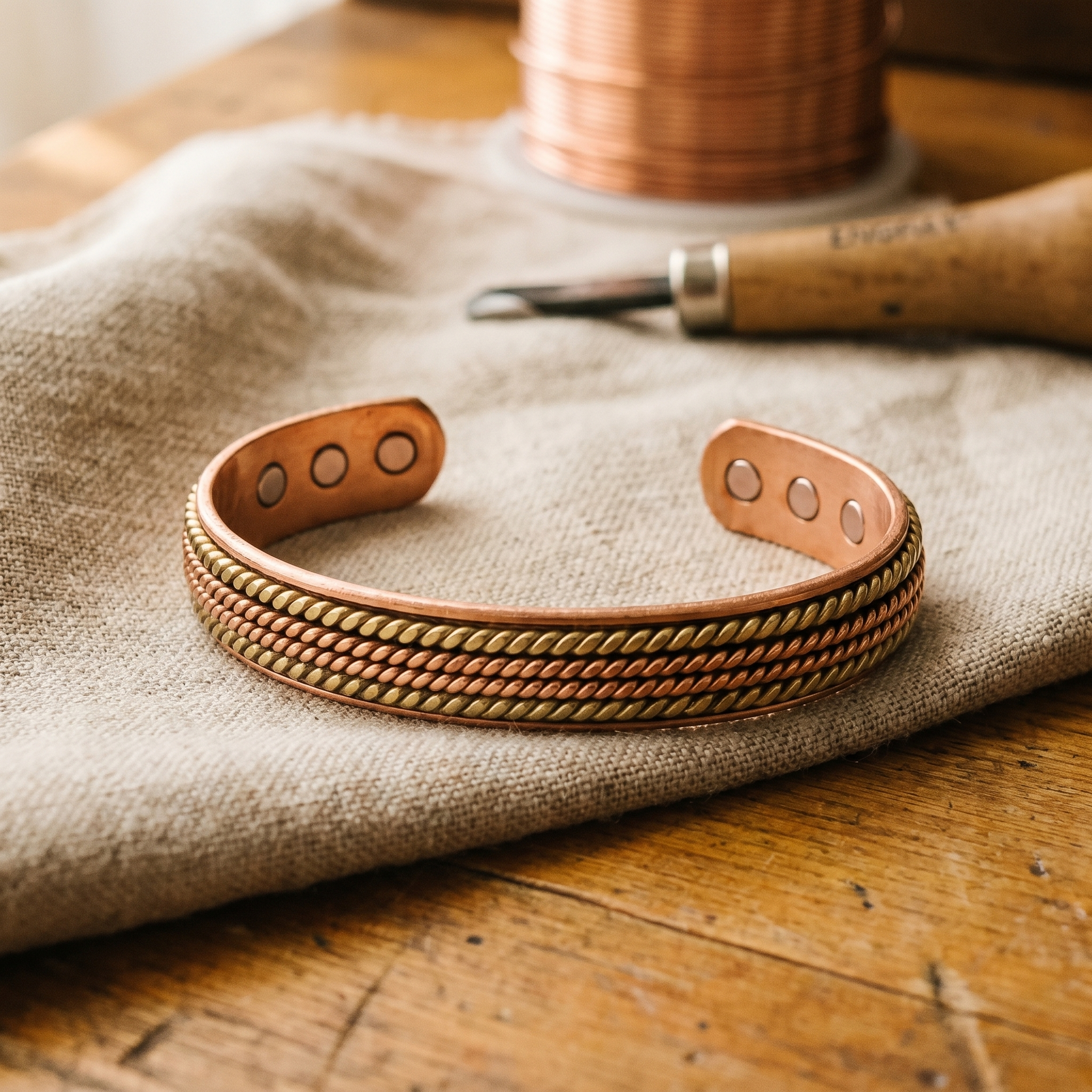 Copper cuff bracelet with perforated center and braided metal bands