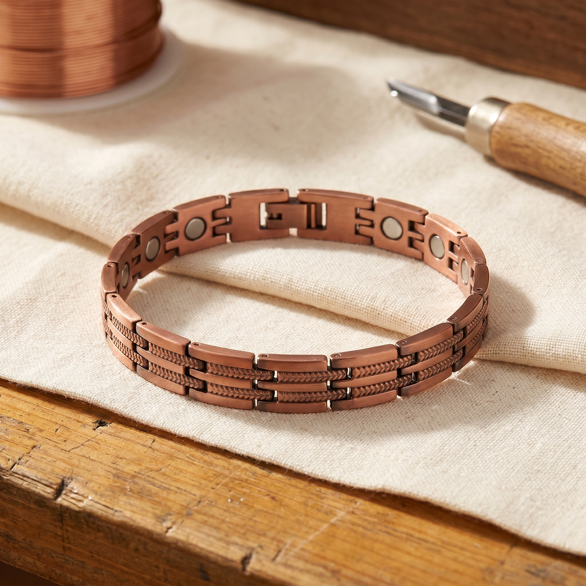 Doina Bucaresti copper men's link bracelet with stamped geometric detailing
