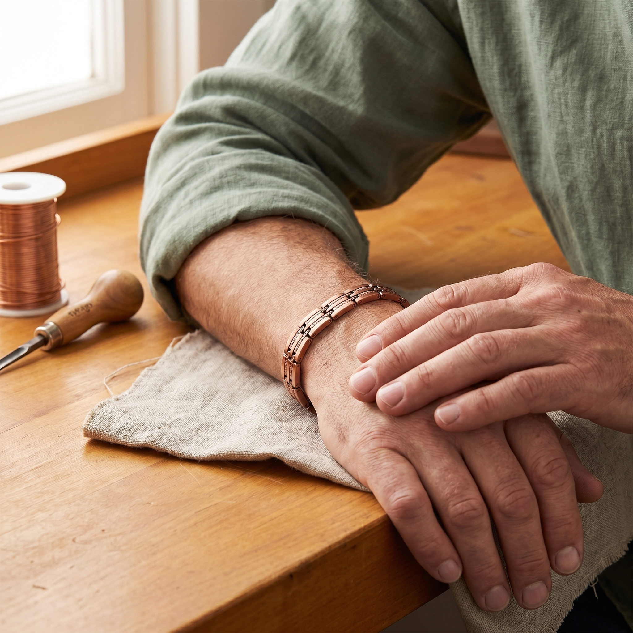 Copper link bracelet on man's wrist, stamped pattern and clasp closure
