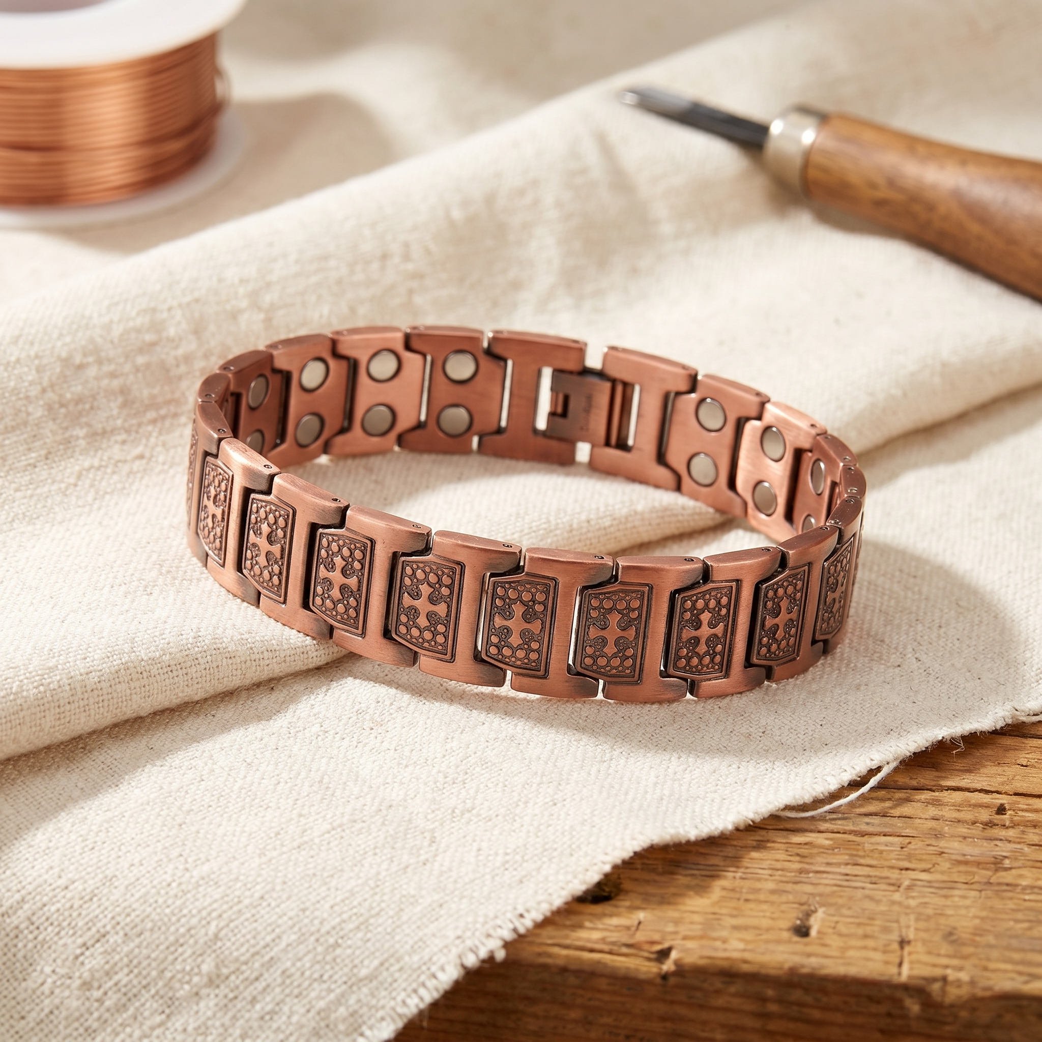 Copper men’s bracelet with square patterned links and metal clasp