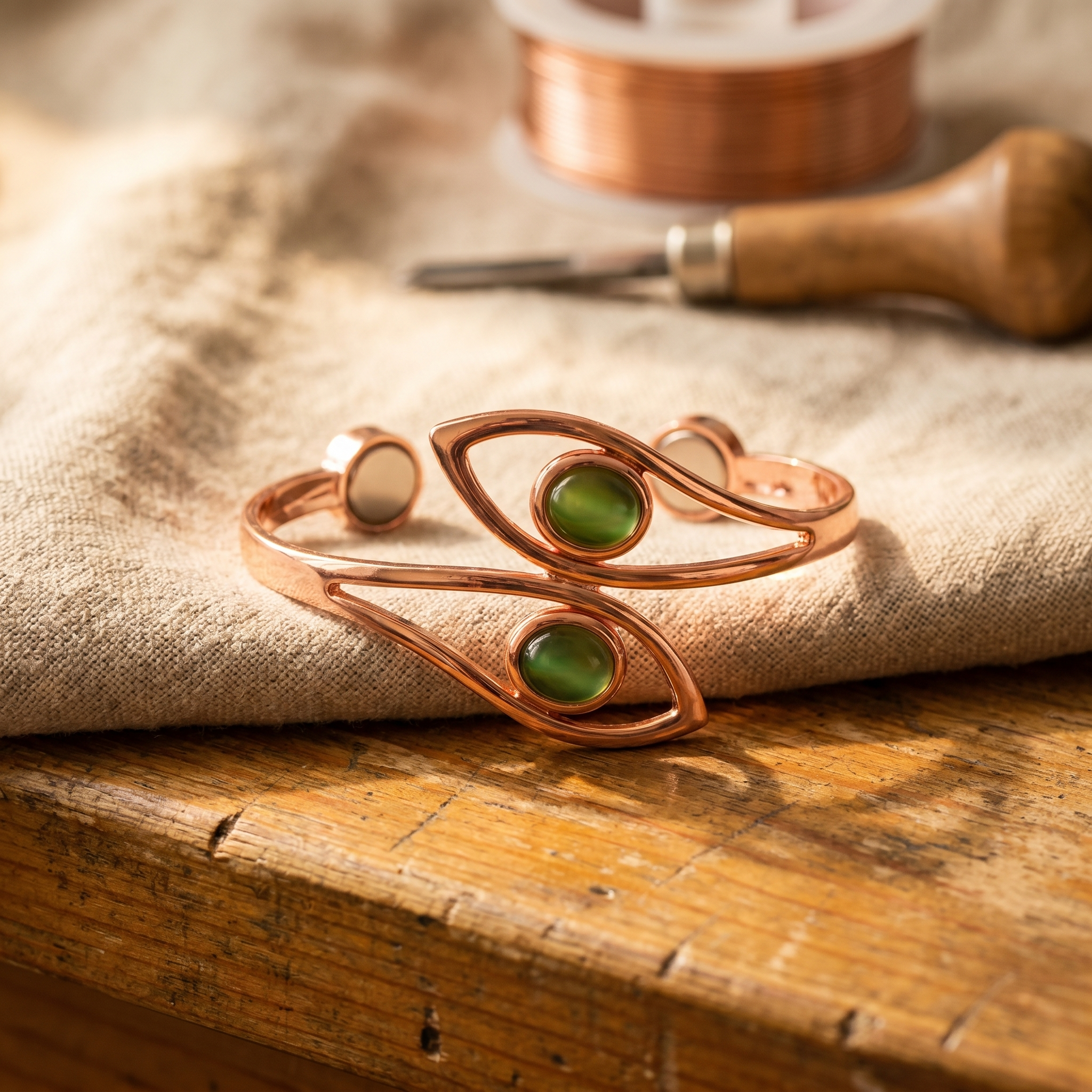 Copper bangle bracelet with two green oval gemstones on open swirl frame