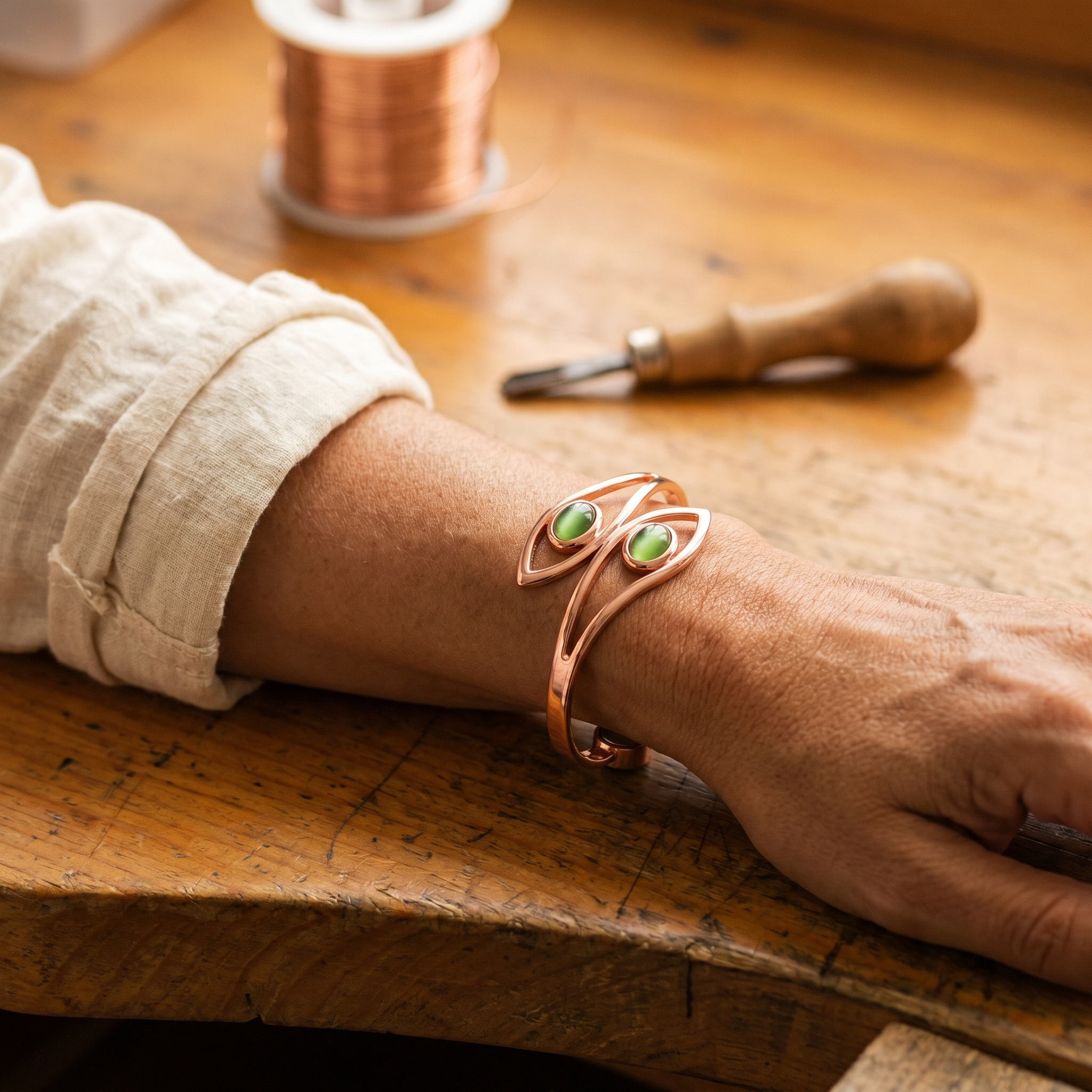 Copper cuff bracelet with two green oval cabochon stones and swirl setting