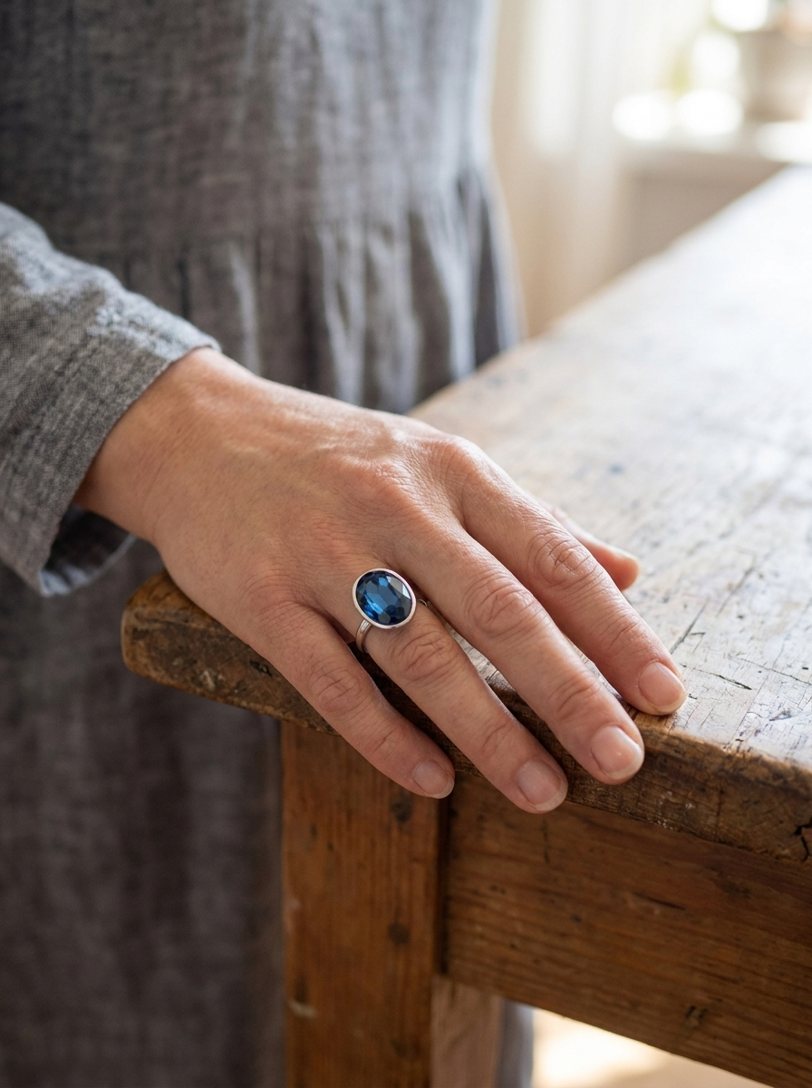 Vintage silver ring with oval blue gemstone worn on hand