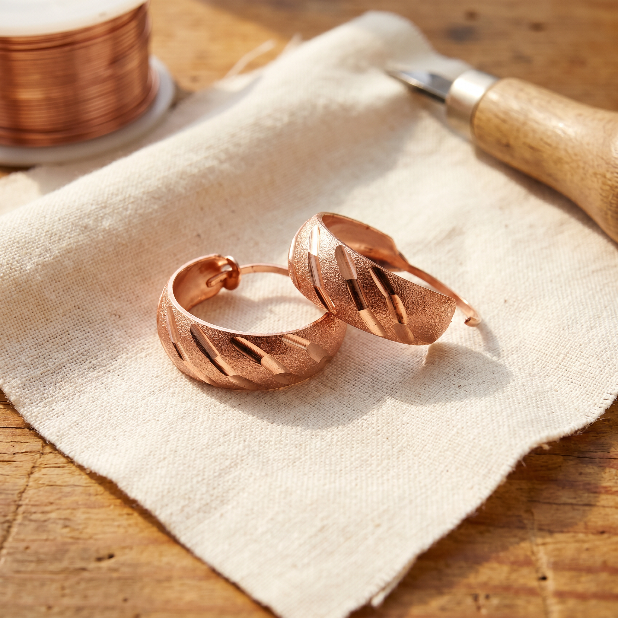 Doina Bucaresti copper hoop earrings, textured twisted design with clasp