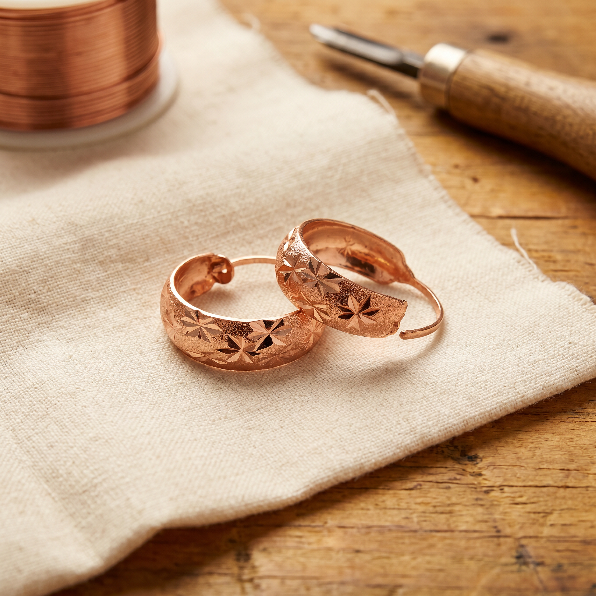 Copper hoop earrings with engraved diamond pattern, small circular hoops