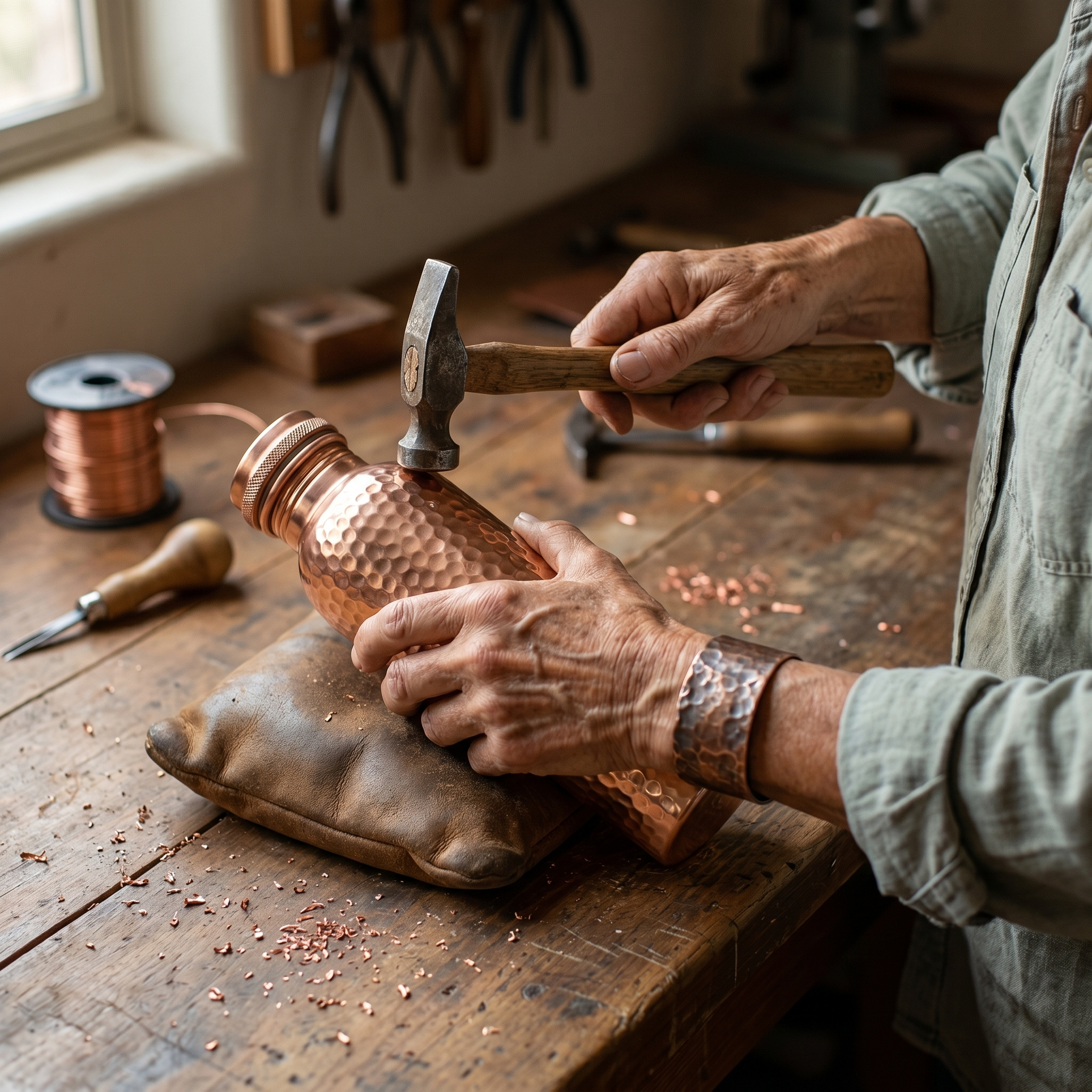 Pure copper water bottle with hammered finish and metal screw cap, held with hands