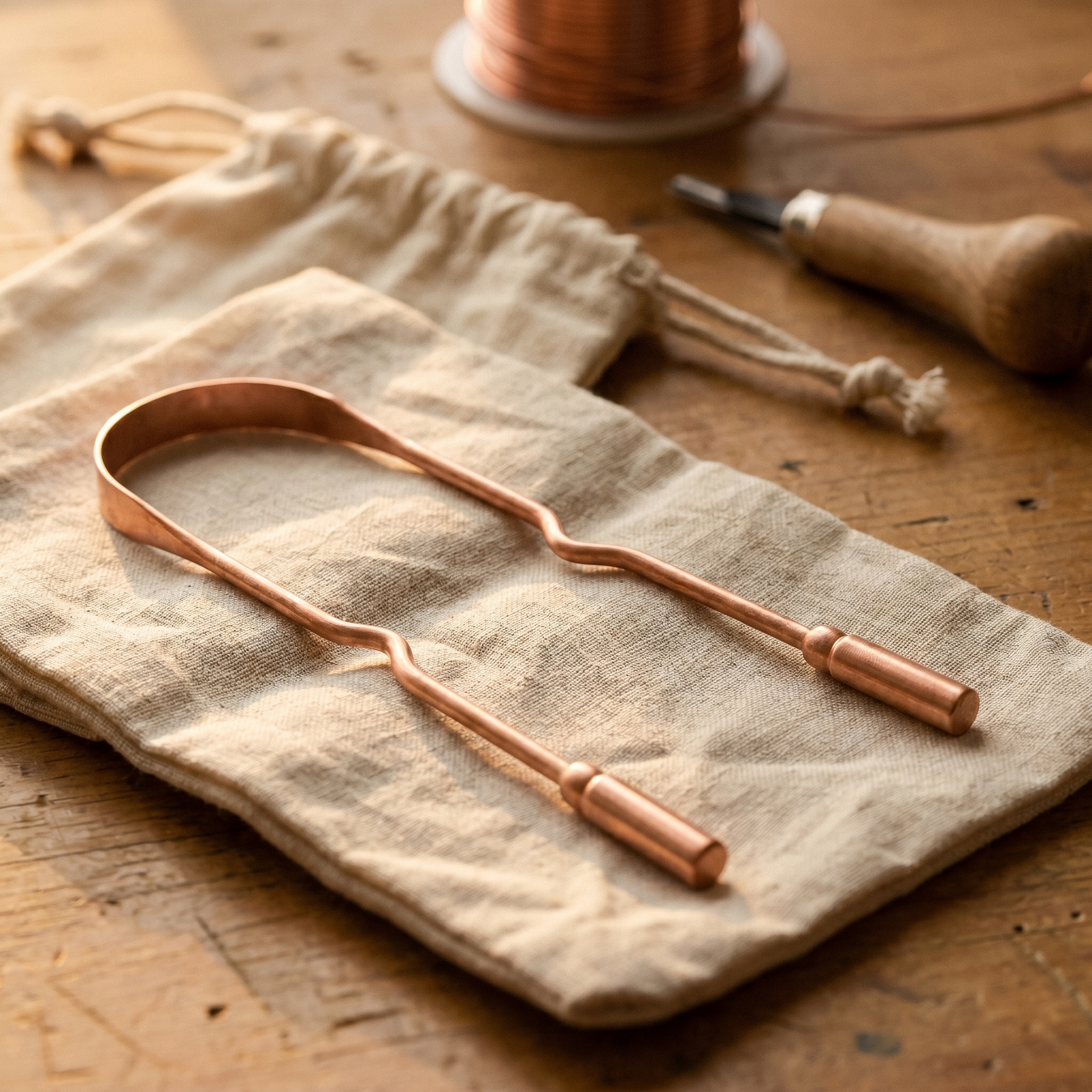 Copper tongue scraper with curved edge on beige cloth pouch