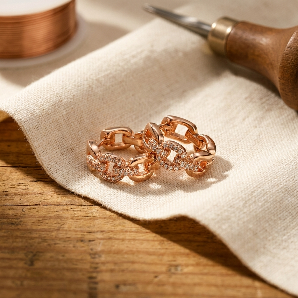 Copper link hoop earrings with small clear-stone details, Doina Bucaresti