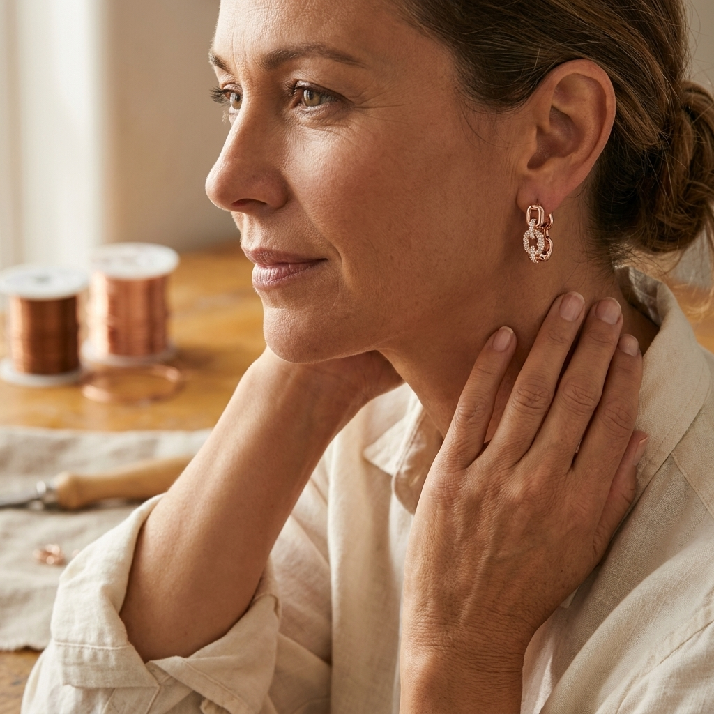 Copper hoop earrings with dangling stone details on model’s ear, Doina Bucaresti