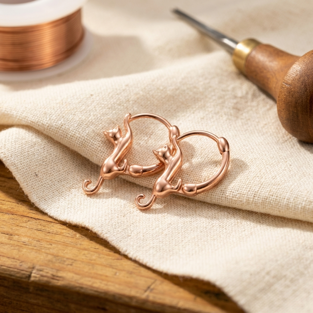 Copper swirl hoop earrings with curled dangling details