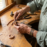 Copper hoop earrings and wire pieces on workbench during making.