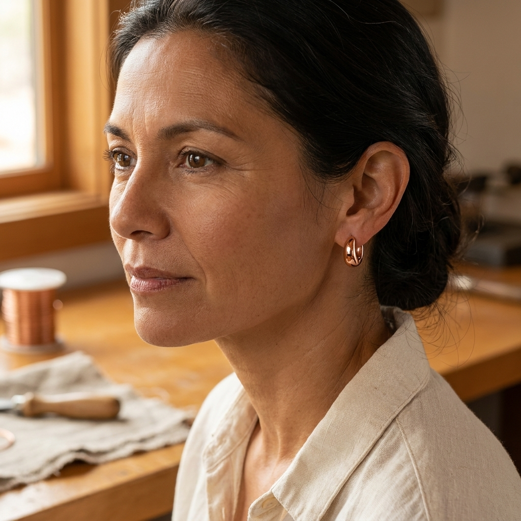 Doina Bucaresti copper hoop earrings, small circular hoops on ear
