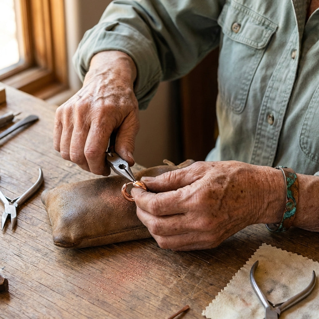 Doina Bucaresti copper hoop earring being shaped with pliers