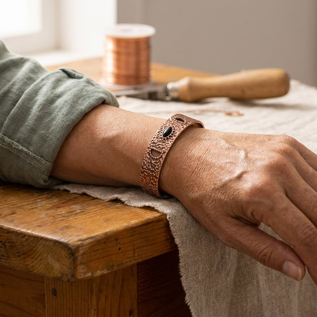 Copper cuff bracelet on wrist with oval black stone detail