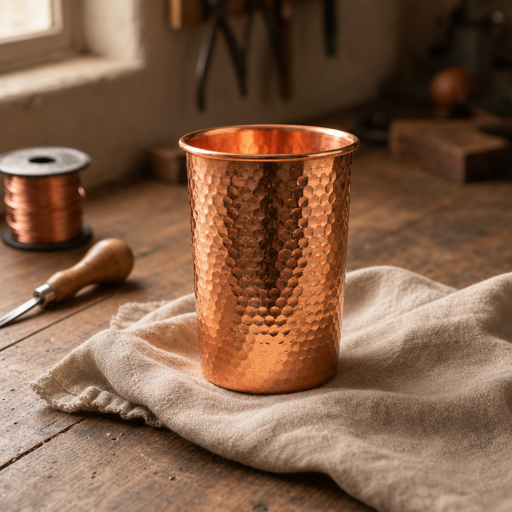 Pure copper hammered vase, cylindrical with open top
