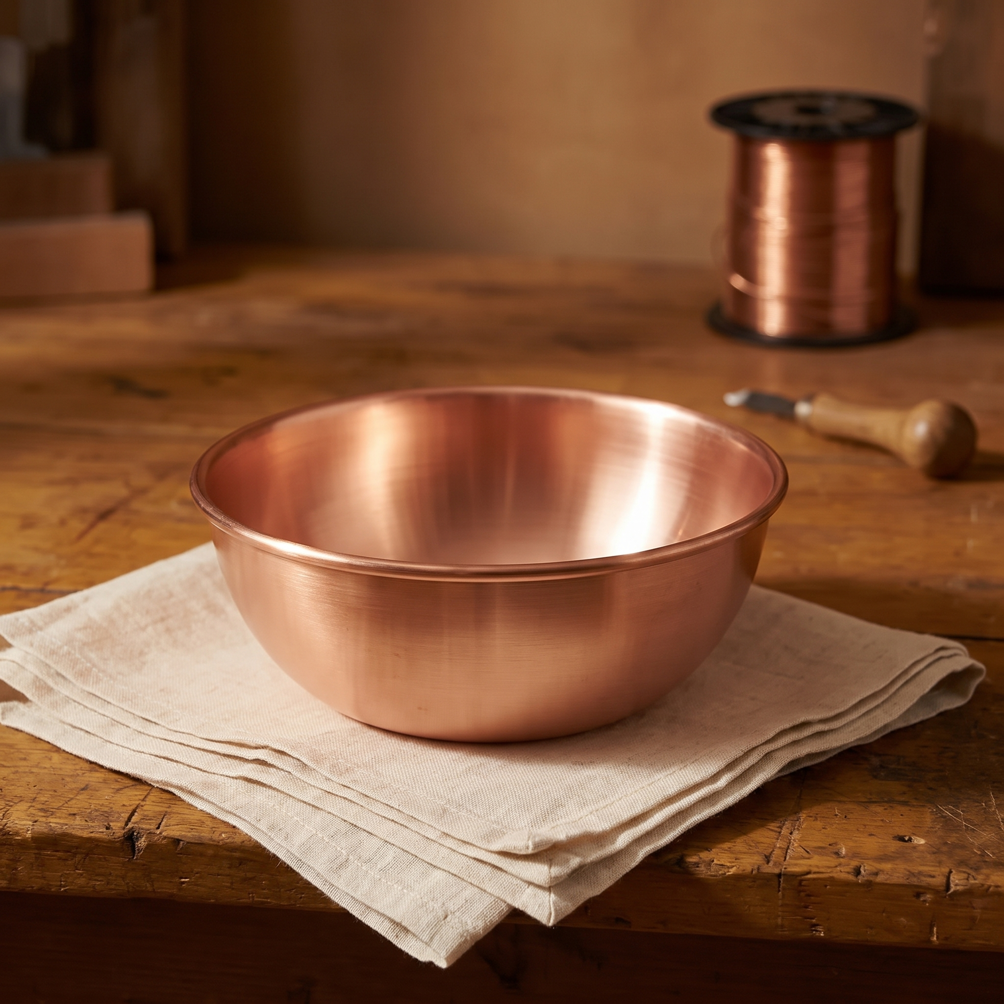 Doina Bucaresti manual hammered copper cup with wide round bowl on linen cloth