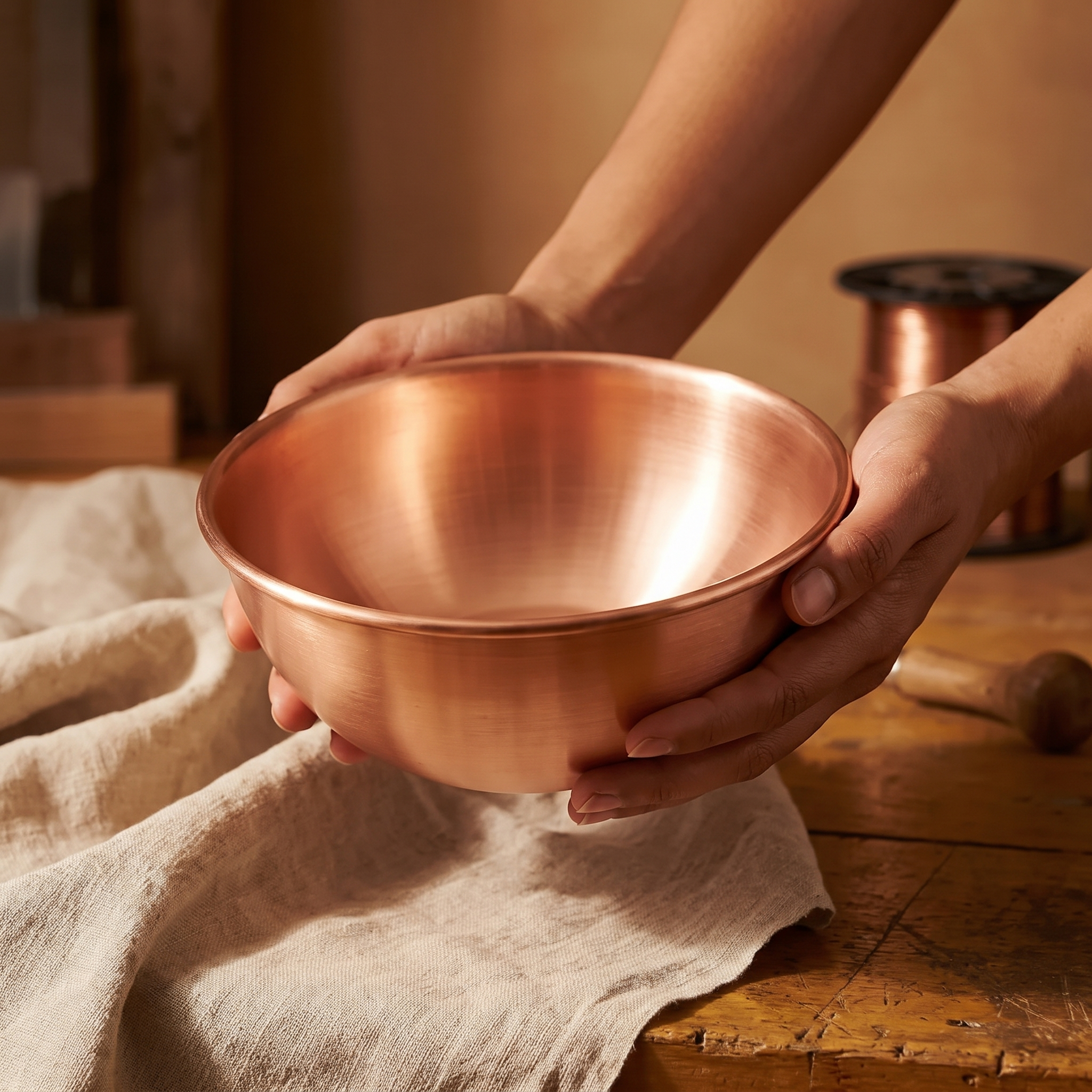 Doina Bucaresti copper cup with wide round hammered bowl held in hands