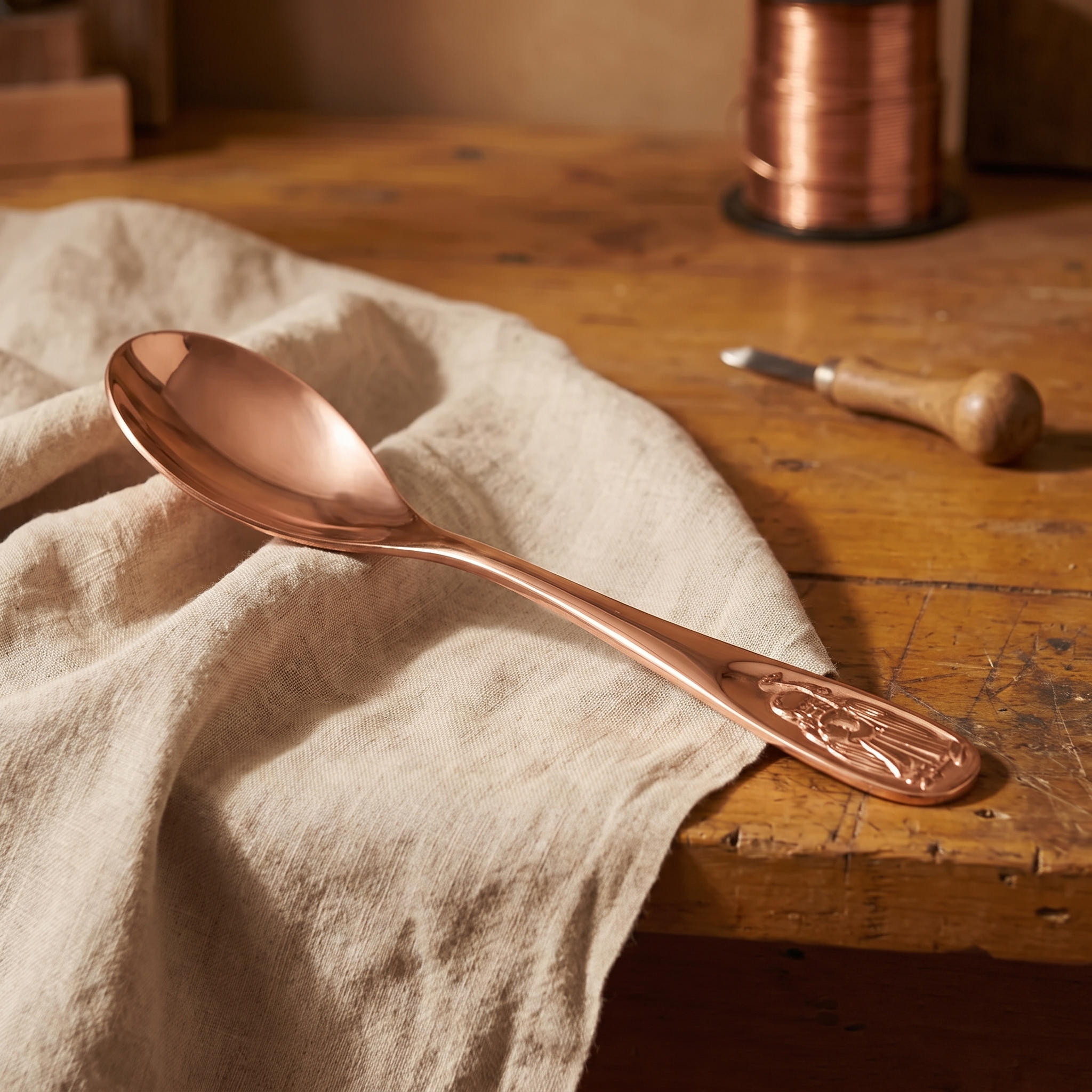 Doina Bucaresti copper spoon, hand-beaten bowl and ornate embossed handle