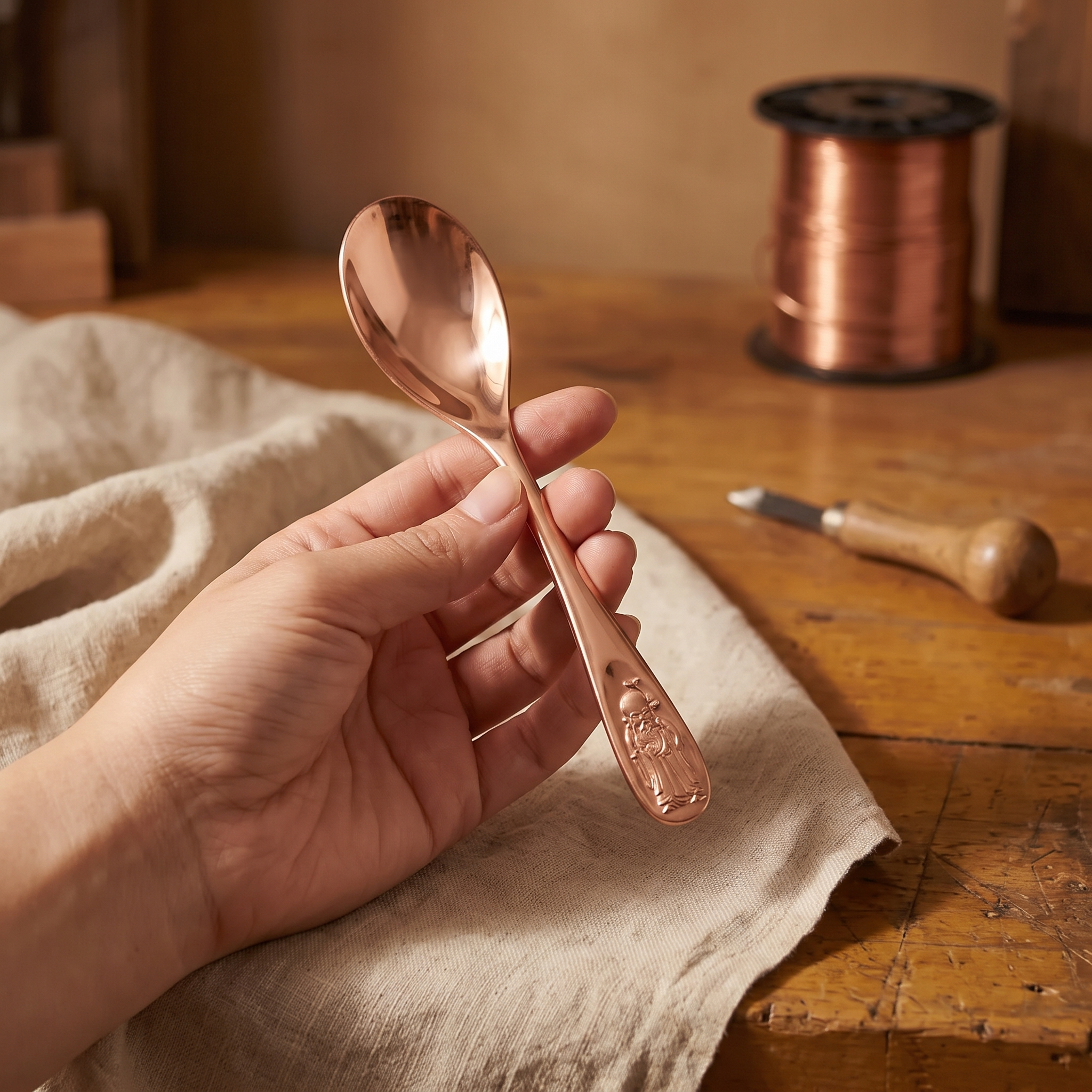 Copper spoon held in hand, reflective finish and embossed ornamental handle