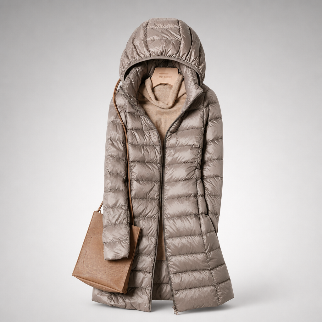 Lightweight quilted hooded jacket in taupe, full-zip front with long sleeves