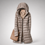 Lightweight quilted hooded jacket in taupe, full-zip front with long sleeves