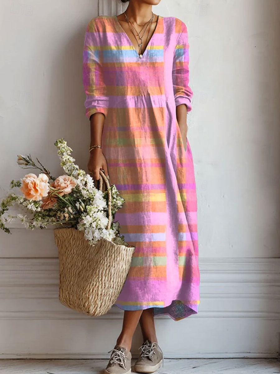 Women's striped midi dress with V-neck and long sleeves, multicolor pastel bands