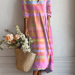 Women's striped midi dress with V-neck and long sleeves, multicolor pastel bands