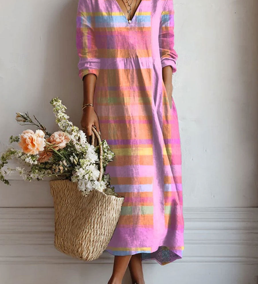 Women's striped midi dress with V-neck and long sleeves, multicolor pastel bands