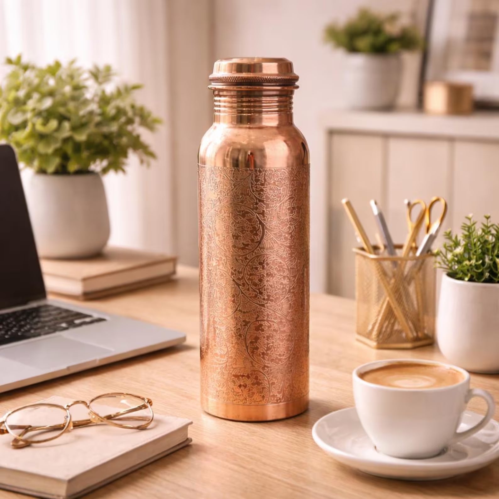 Doina Bucaresti 950 ml copper water bottle with detailed etched pattern and cap