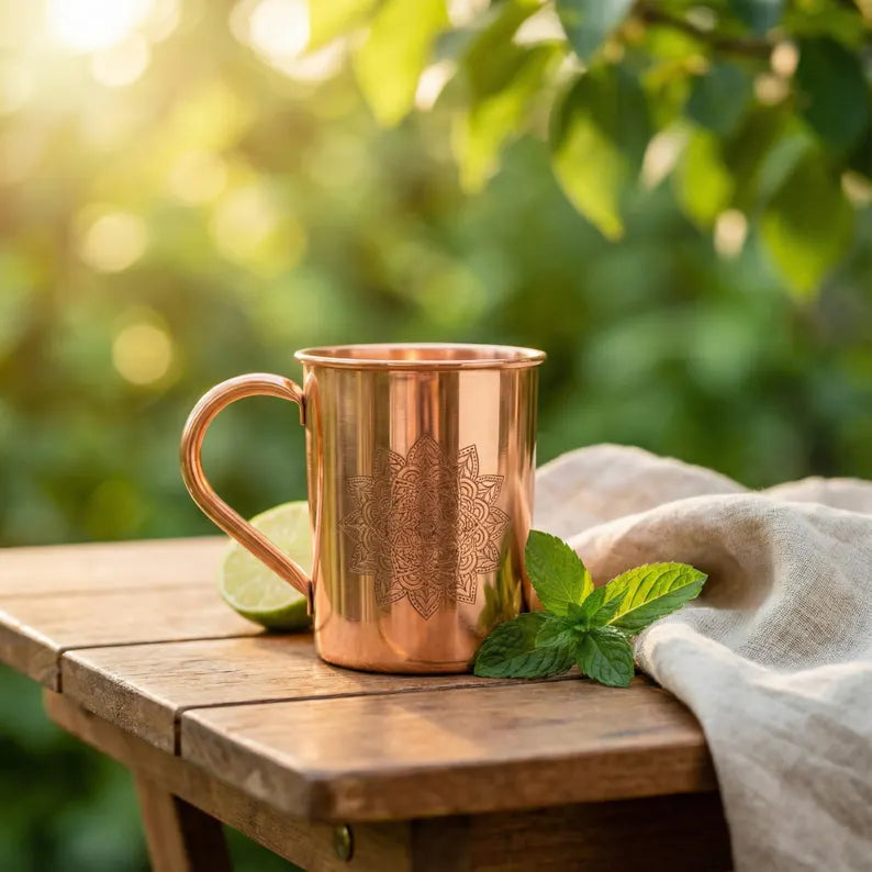 Copper 470 ml mandala mug with reflective finish and side handle.