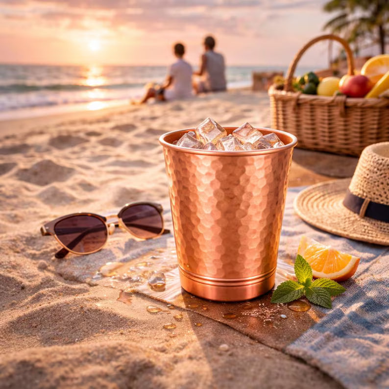 Hammered copper drinking cup with ice cubes and brushed rim