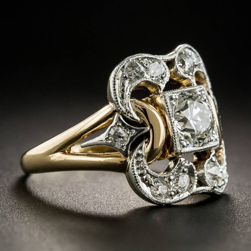 Gold-tone elegant ring with square clear zircon and round halo stones, ornate bezel
