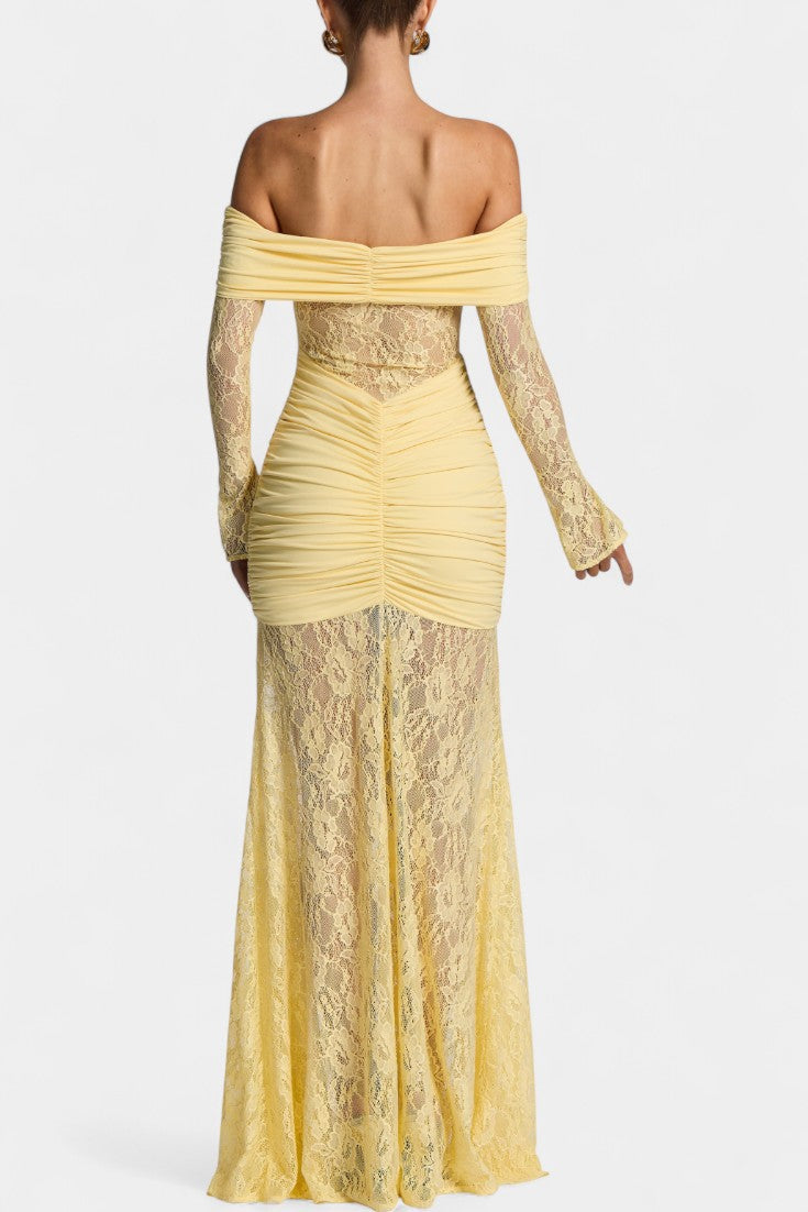 Yellow off-shoulder lace gown, back view, with ruched waist and long lace sleeves
