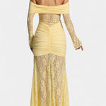 Yellow off-shoulder lace gown, back view, with ruched waist and long lace sleeves