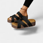 Black comfort wedge sandals with crisscross straps and textured platform sole
