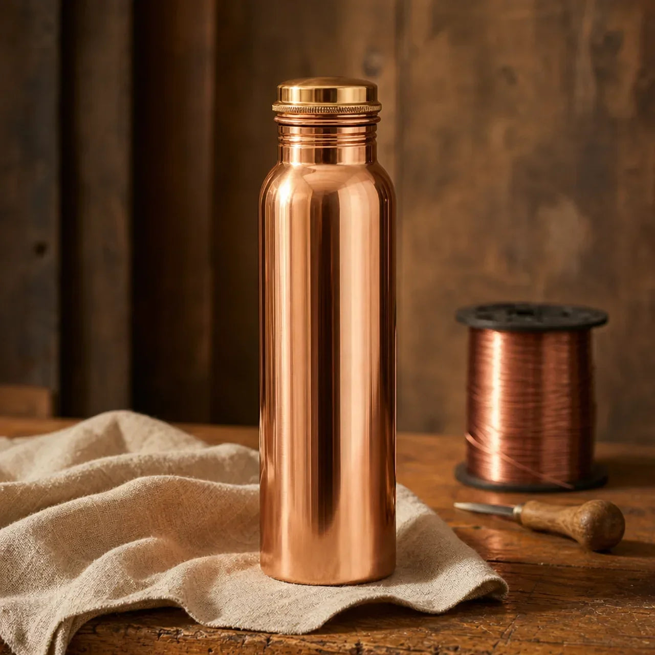 Copper water bottle with screw cap, metallic 950 ml