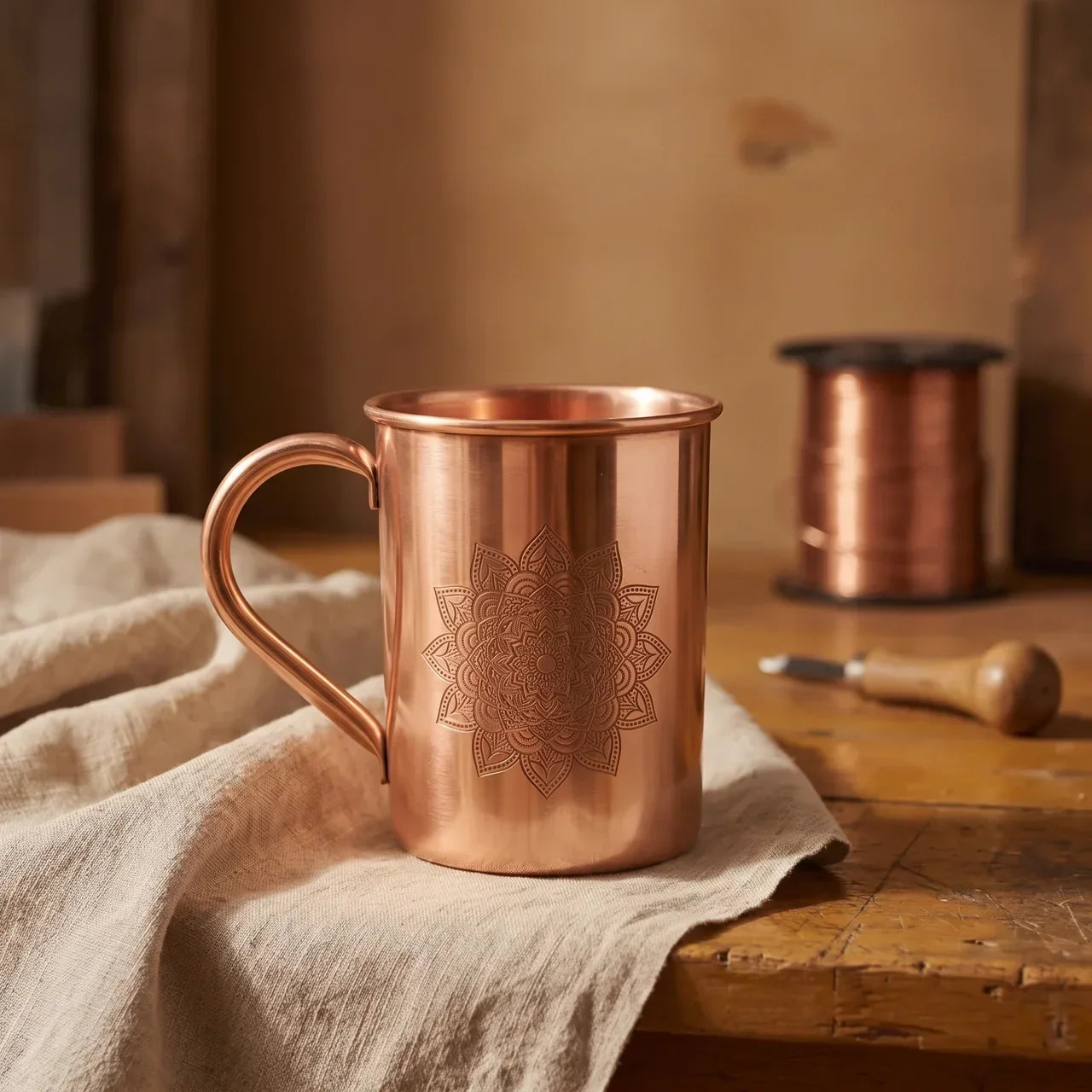 Copper 470 ml mug with engraved mandala design and curved side handle.