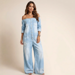 Off-shoulder denim jumpsuit in pale blue with front buttons and side seam pockets