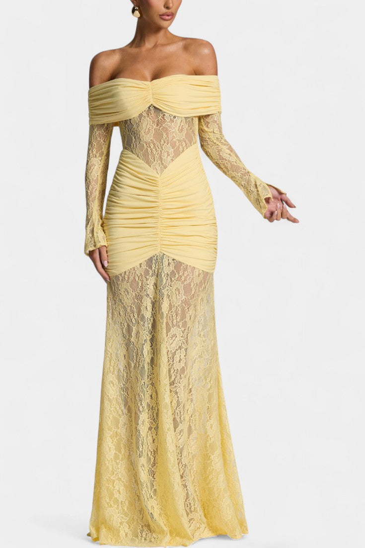 Light yellow off-shoulder lace gown with ruched bodice and long lace sleeves