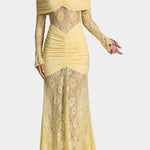 Light yellow off-shoulder lace gown with ruched bodice and long lace sleeves