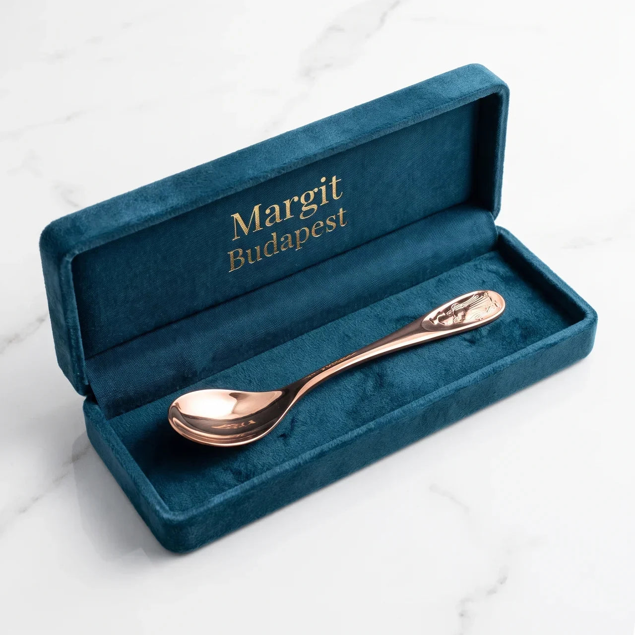 Doina Bucaresti copper spoon in a blue velvet presentation box